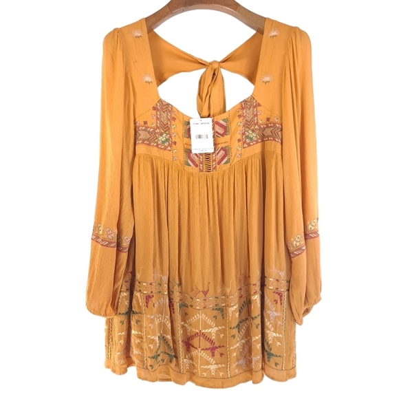 Free People Rhiannon Mustard Embroidered Mini Dress Boho - Sz Small - Picture 3 of 15